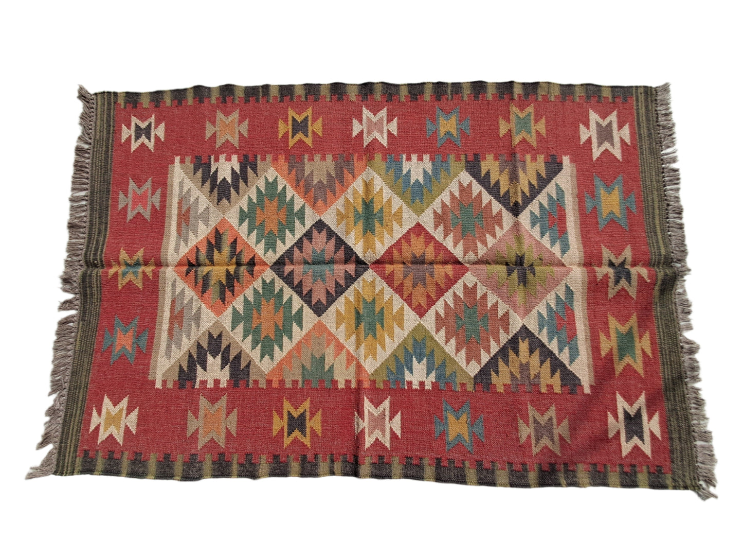 Handwoven Wool Jute Kilim Rug – 4x6ft | Boho Tribal Geometric Carpet