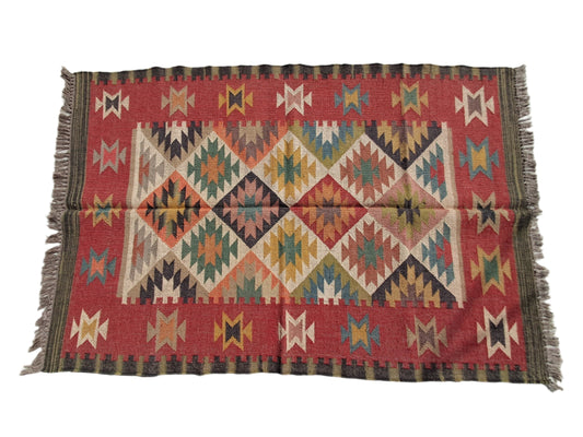 Handwoven Wool Jute Kilim Rug – 4x6ft | Boho Tribal Geometric Carpet