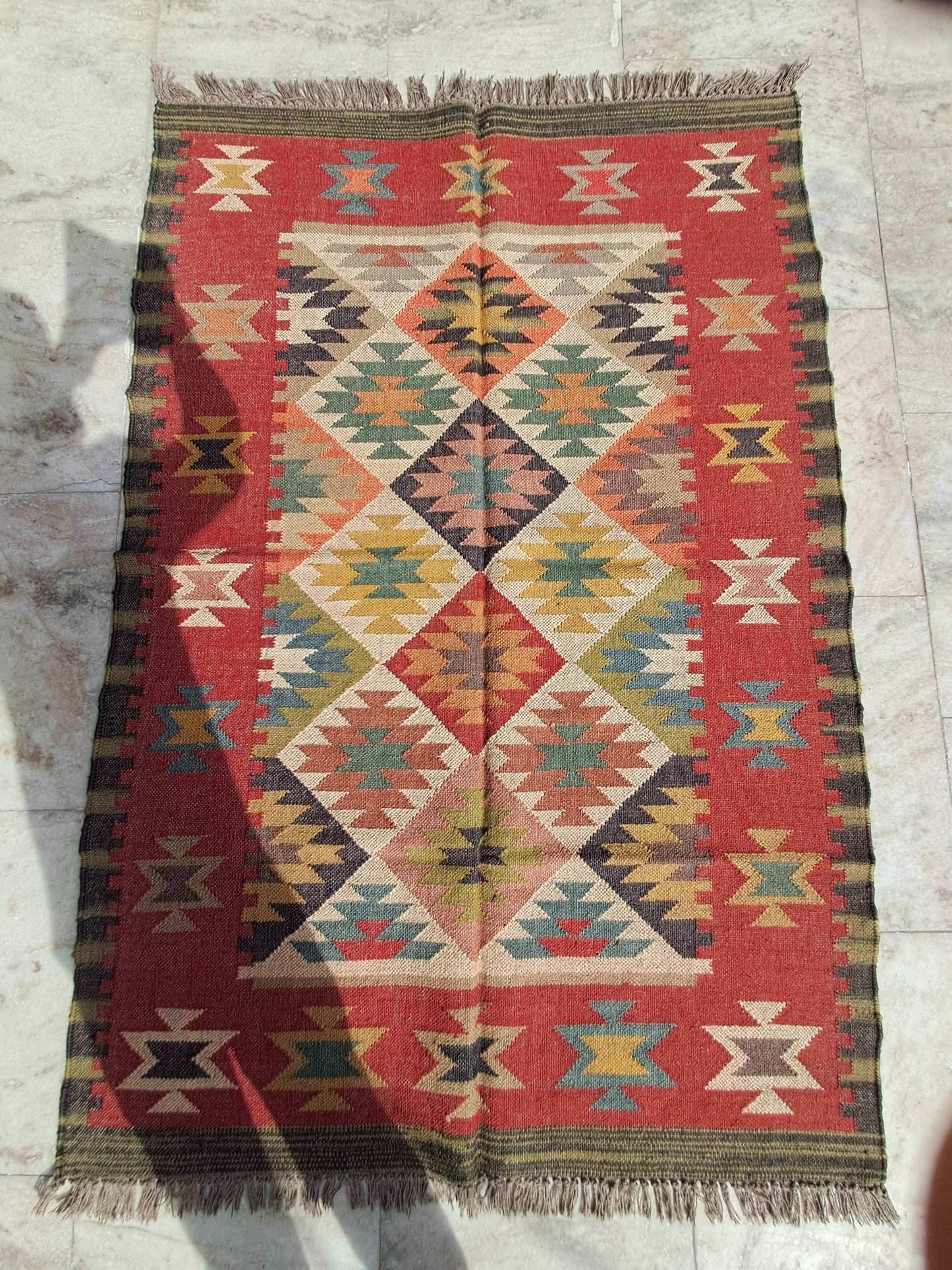 Handwoven Wool Jute Kilim Rug – 4x6ft | Boho Tribal Geometric Carpet