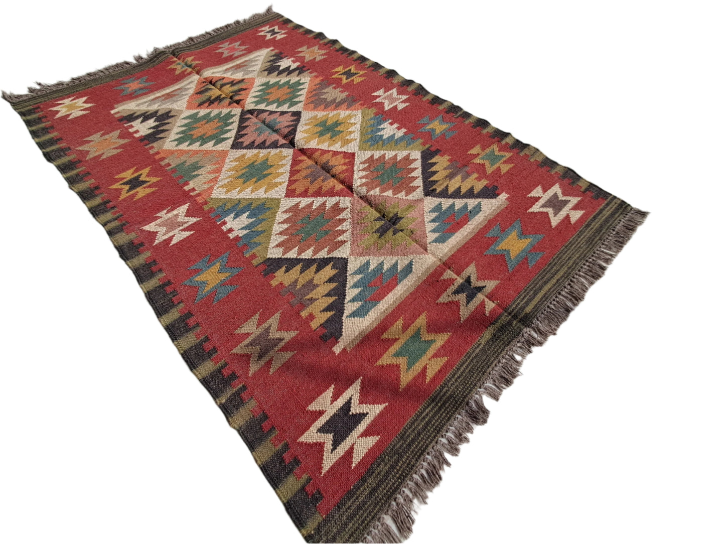 Handwoven Wool Jute Kilim Rug – 4x6ft | Boho Tribal Geometric Carpet