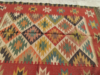 Handwoven Wool Jute Kilim Rug – 4x6ft | Boho Tribal Geometric Carpet