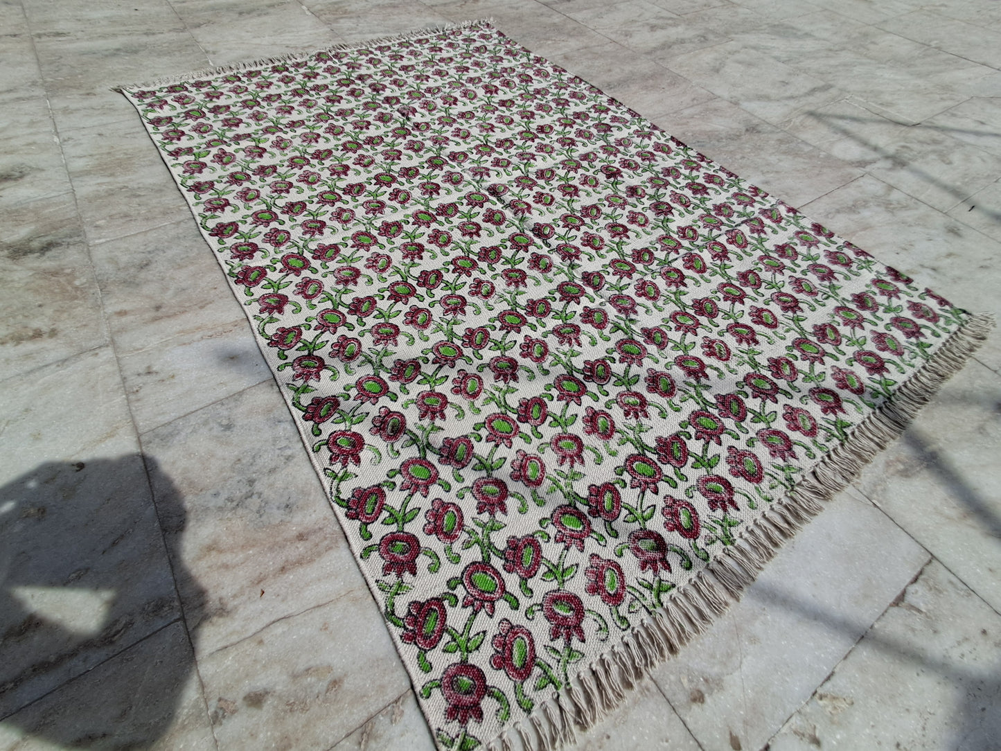 Handwoven Cotton Block Print Rug – 4x6ft | Floral Boho Vintage Carpet