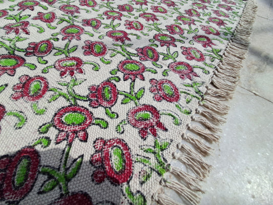 Handwoven Cotton Block Print Rug – 4x6ft | Floral Boho Vintage Carpet