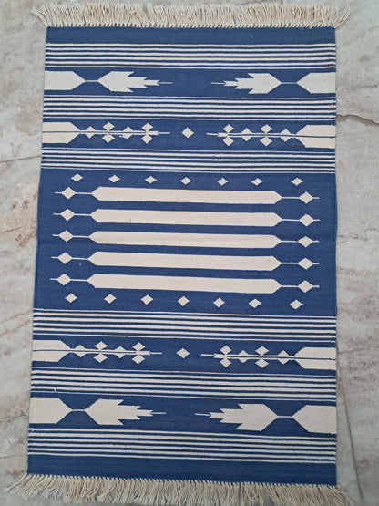 2x3 White And Blue Stripes Cotton Flatweave Handmade Rug – Eco-Friendly, Durable & Artisan-Crafted.