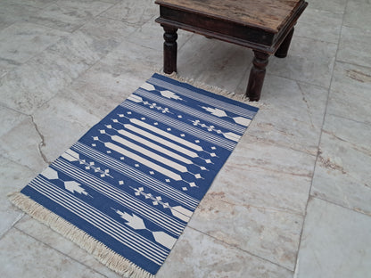 2x3 White And Blue Stripes Cotton Flatweave Handmade Rug – Eco-Friendly, Durable & Artisan-Crafted.